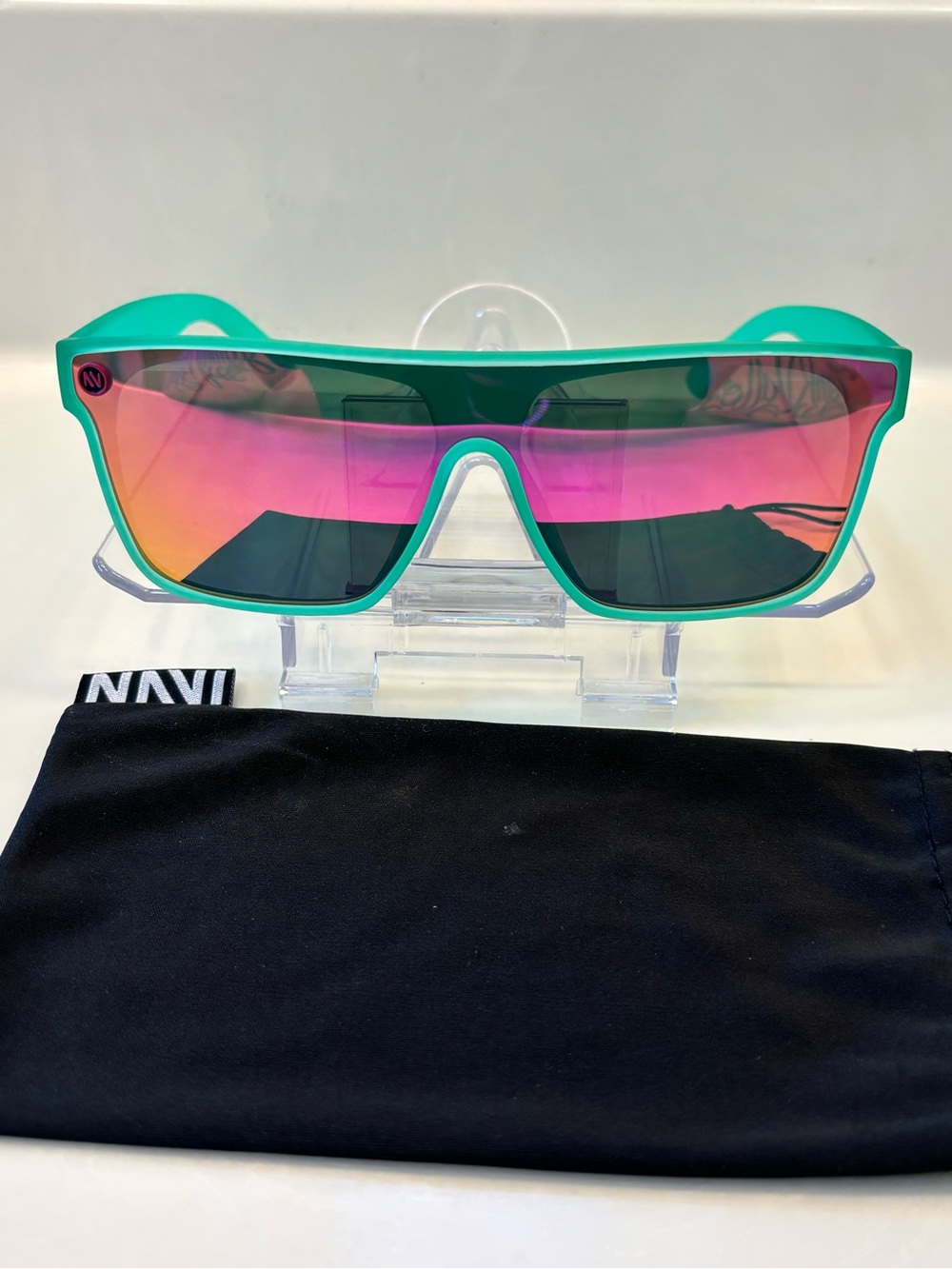 NAVI OG Wave Runner Sunglasses Green Frame Pink Mirror Shield UV400